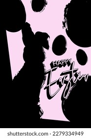 Happy Easter Poster with shadow of a big rabbit and eggs. Elegant Dark Holiday invitation design. Greeting card with black painted bunny.