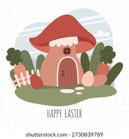 Cartel de Pascua feliz. Una casa de setas de primavera en la granja de zanahorias con huevos. Linda Ilustración vectorial plana.