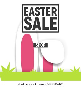 Happy Easter poster  square frame sale with grass and ears of rabbit 