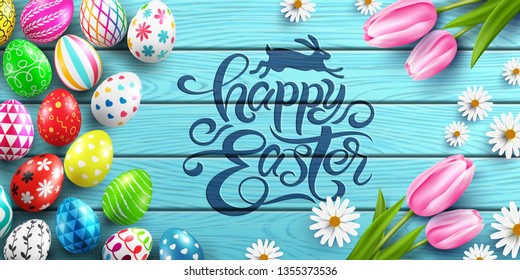 Happy Easter Poster and template with colorful Easter Eggs and flower on wood table background.Handwriting inscription Easter Day.Promotion and shopping template for Easter Day.Vector EPS10