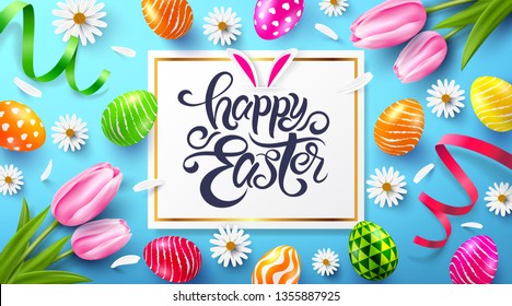 Happy Easter Poster and template with colorful Painted Easter Eggs and flower.Handwriting inscription Easter Day.Promotion and shopping template for Easter Day.Vector illustration EPS10