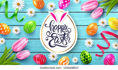 Happy Easter Poster and template with colorful Easter Eggs and flower on wood table background.Handwriting inscription Easter Day.Promotion and shopping template for Easter Day.Vector EPS10