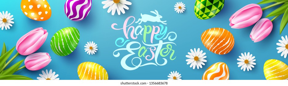 Happy Easter Poster and template with colorful Easter Eggs and flower on wood table background.Handwriting inscription Easter Day.Promotion and shopping template for Easter Day.Vector EPS10