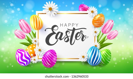 Happy Easter Poster and template with colorful Easter Eggs and flower.Greetings and presents for Easter Day.Promotion and shopping template for Easter Day.Vector illustration EPS10