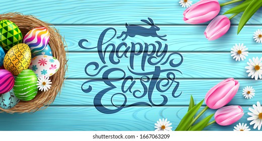 Happy Easter Poster and template with Easter eggs in the nest and flower on wood table background.Handwriting inscription Easter Day.Promotion and shopping template for Easter Day.Vector EPS10