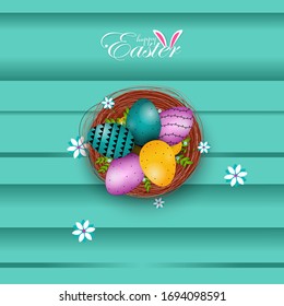 Happy Easter Poster and template with Easter eggs in the nest and flower on wood table background. Easter Day.Promotion and shopping template for Easter Day.Vector