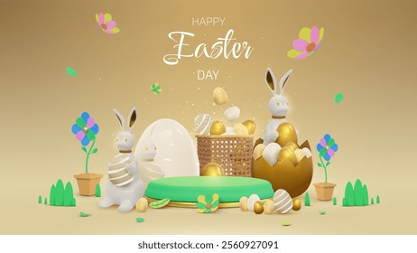 Happy Easter poster template with podium for product promotion and white rabbit and golden eggs with 3D elements for holiday design. Elegant background. Vector illustration.