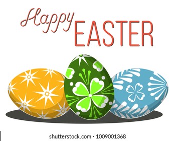 Happy easter poster three egg set on white background. Coloring book page for adults and kids. Holiday vector illustration for gift card certificate banner sticker badge sign stamp icon label