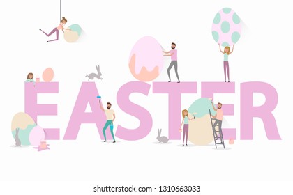 Happy Easter poster with tiny people, families. Easter festival and fair, banner, poster template. Editable vector illustration