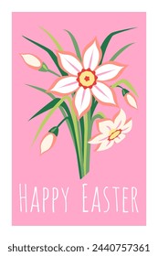 Happy Easter poster with traditional ethnic pattern, folk ornament with flowers