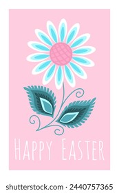 Afiche de Pascua feliz con el patrón étnico tradicional, adorno popular con flores