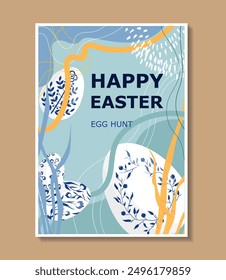 Happy Easter poster. Two colorful eggs with abstract patterns. Traditional spring religious holiday and festival. Religion and faith. Flat vector illustration isolated on brown background