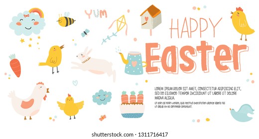 Happy Easter poster in vector. Cute and funny Bunny, chicken and chicks, carrot, eggs and other graphic holiday elements in stylish colors. Holidays spring character set for banners, stickers, cards