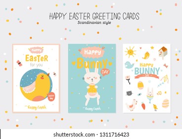 Happy Easter poster in vector. Cute and funny Bunny, chicken and chicks, carrot, eggs and other graphic holiday elements in stylish colors. Holidays spring character set for banners, stickers, cards