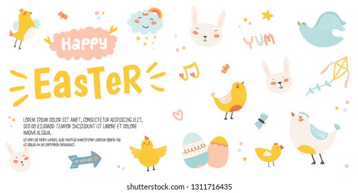 Happy Easter poster in vector. Cute and funny Bunny, chicken and chicks, carrot, eggs and other graphic holiday elements in stylish colors. Holidays spring character set for banners, stickers, cards
