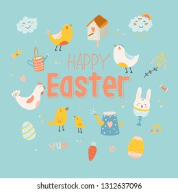 Happy Easter poster in vector. Cute and funny Bunny, chicken and chicks, carrot, eggs and other graphic holiday elements in stylish colors. Holidays spring character set for banners, stickers, cards