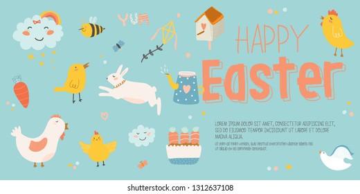 Happy Easter poster in vector. Cute and funny Bunny, chicken and chicks, carrot, eggs and other graphic holiday elements in stylish colors. Holidays spring character set for banners, stickers, cards