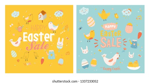 Happy Easter poster in vector. Cute and funny Bunny, chicken and chicks, carrot, eggs and other graphic holiday elements in stylish colors. Holidays spring character set for banners, stickers, cards