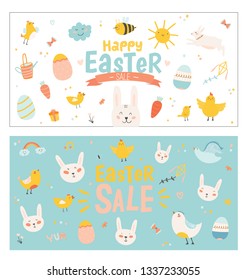 Happy Easter poster in vector. Cute and funny Bunny, chicken and chicks, carrot, eggs and other graphic holiday elements in stylish colors. Holidays spring character set for banners, stickers, cards