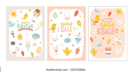 Happy Easter poster in vector. Cute and funny Bunny, chicken and chicks, carrot, eggs and other graphic holiday elements in stylish colors. Holidays spring character set for banners, stickers, cards