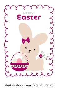 Happy Easter poster. Vector illustration of basket with Easter eggs and spring flowers in flat cartoon style. Ideal for holiday announcements. Happy Easter theme.