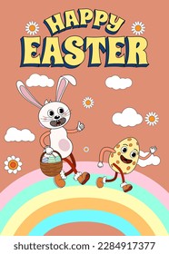 Happy Easter poster vintageTrendy Easter Groovy 1970 style with bunny, flowers, egg, rainbow