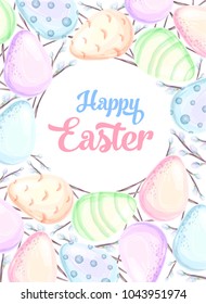 Happy easter poster with watercolor eggs and pussy willow branches and place for text.