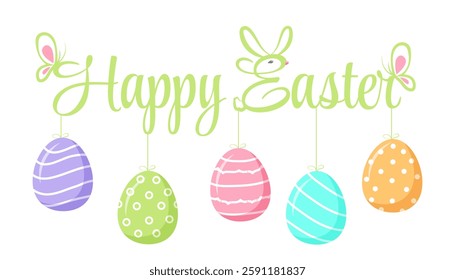 Happy Easter poster webbanner green with bunny and eggs