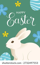 Happy Easter Poster With White Bunny And Floral Spring Background Illustration