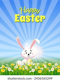 Happy Easter poster, white cute bunny with color egg