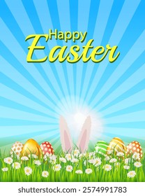 Happy Easter poster, white cute bunny ears, color eggs, eggs hunt