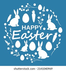 Happy Easter poster with white outlines of hares on a blue background. vector illustration