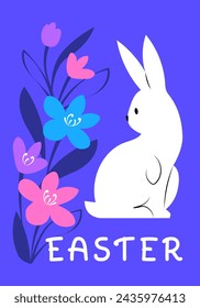 Happy Easter poster with white rabbit and flowers on blue background. Vector illustration in modern minimalist flat style. Bright design template with handwritten lettering