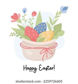 Happy easter. Poster with wicker basket with Easter eggs and flowers. Vector illustration in flat style. For cards, design, print and festive Easter decor.