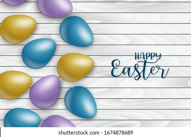 Happy Easter poster. Wooden background with colorful egg. Vector illustration.