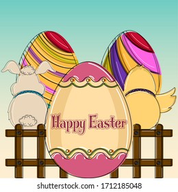 Happy easter poster. Wooden fence, decorated easter eggs, duckling and bunny - Vector