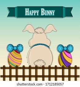 Happy easter poster. Wooden fence, decorated easter eggs and bunny - Vector