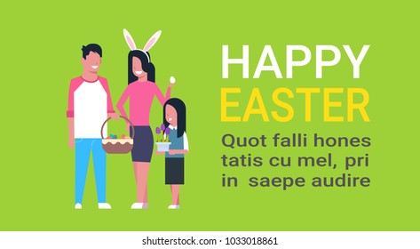 Happy Easter Poster With Young Family Celebrating Spring Holiday Wear Bunny Ears And Holding Basket With Eggs Over Template Background Flat Vector Illustration