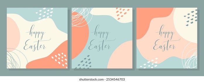 Happy Easter posters, abstract banner in boho style pastel colors, inscription hand drawn lettering. 