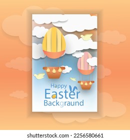 Happy Easter posters, blue greetings card, Paper flying hot air balloon made from painted eggs, clouds, and birds vector. sale banner, voucher template, place for text holidays Vector illustration