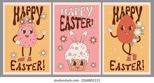 Feliz colección de afiches de Pascua. Personajes de dibujos animados retro huevos de Pascua y quequitos de pasteles con orejas conejitas. La linda mascota de Groovy vintage. Ilustración vectorial. Postales verticales aisladas