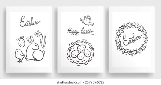 Happy Easter posters, hand drawn. Greeting picture with handwritten greeting. Rabbit and basket with eggs, Easter symbols.