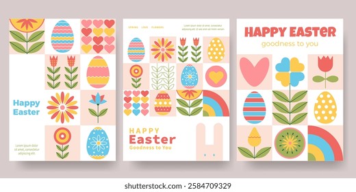 Happy Easter posters set. Greeting cards, invitations, leaflets or covers with bunny, spring flowers, Easter eggs. Egg hunt poster template. Spring modern mosaic background. Vector illustration     