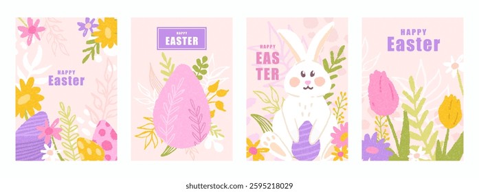 Happy Easter posters set, spring greeting cards in trendy hand drawn style. Flowers, bunny, and eggs. Vector flat design with texture