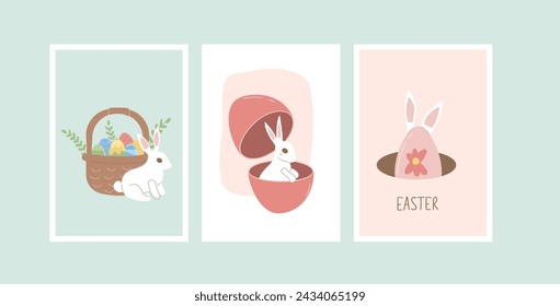 Happy Easter posters set templates. Rabbit bunny, eggs, flowers vertical banners. Eggs hunt spring holiday greeting cards collection. Vector flat illustration.