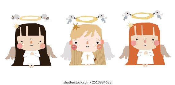 Happy easter pray first communion  angel with dove  bible orthodox christianity greeting card for a baby child church holiday collection illustration for invitation decoration