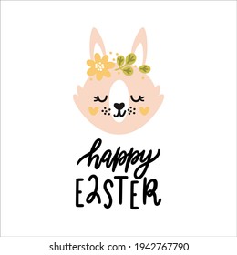 Happy Easter print with baby girl bunny in flowers crown. Perfect for kids room decoration, greeting cards, nursery clothing, prints and t-shirt design