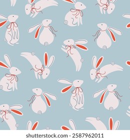 Happy Easter print with bunny. Minimalistic background with rabbit and decorative bow. Cute animal seamless pattern design for baby nursery or textile. Hand drawn vector illustration.
