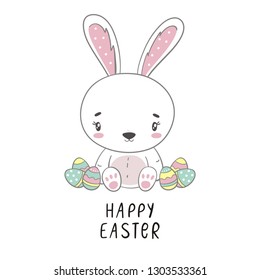 Happy Easter print with cute bunny and eggs