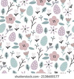 Happy Easter  print. Cute hand drawn Spring seamless pattern with eggs, flowers, leaves.